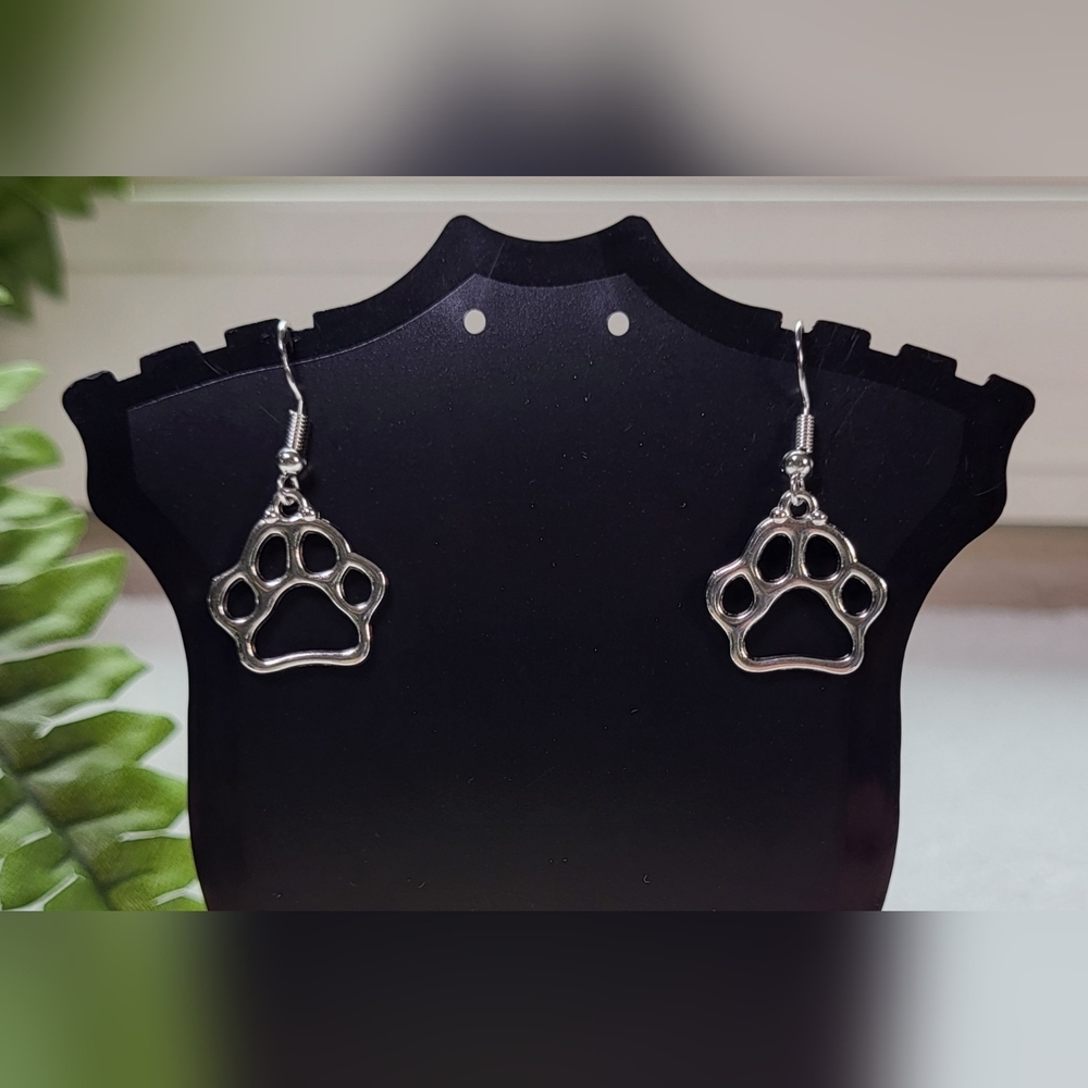 Silver Paw Print Statement Dangle Earrings / Pierced